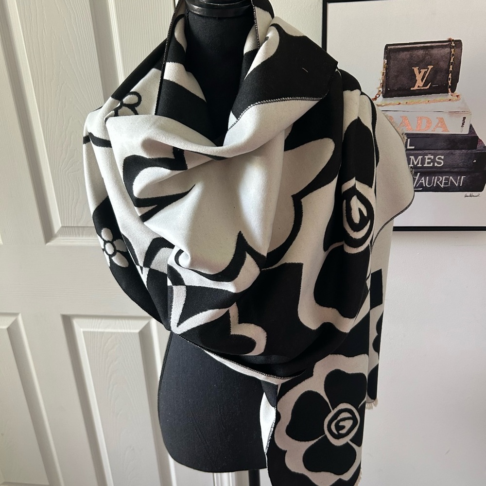 Elegant Black and White Floral Scarf